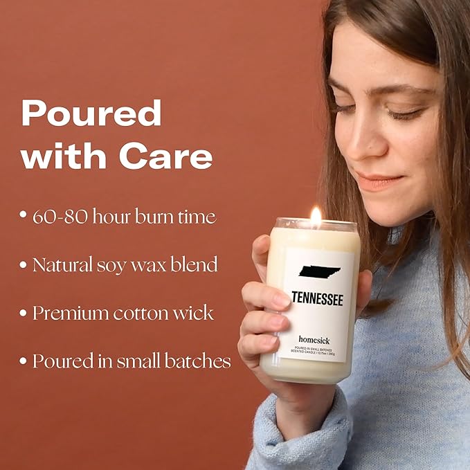 Homesick Scented Candles for Home (Tennessee) - 13.75 oz Long-Lasting Soy Wax Jar Candle for Women & Men for All Occasions, 60-80 Hours Burn Time - Notes of Patchouli, Sandalwood & Tonka Bean