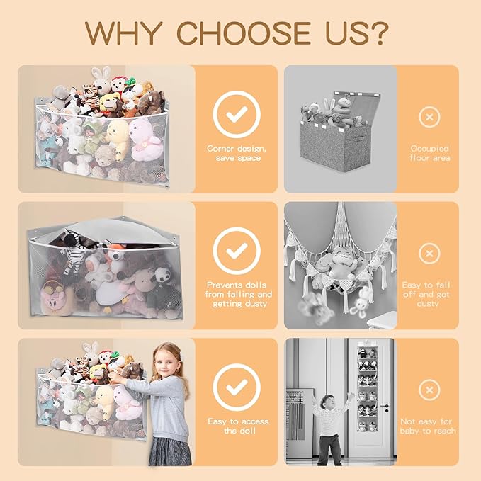 ANROYE 2PCS Large Corner Stuffed Animal Storage, Kids Plushies Toy Grey Wall Hammock for Girls Room, Baby Squishmallow Holder for Nursery, Organizer Idea for Bear Hanging Display Boy Gift
