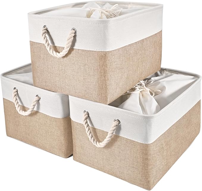 HOdo Home 15.8×11.8×9.5 In/3PCS Fabric Storage Bins with Drawstring Closure and 2 Bold Handles, Collapsible Large Cubes Canvas Baskets for Organizing Shelf Nursery Home Closet (White and Yellow)