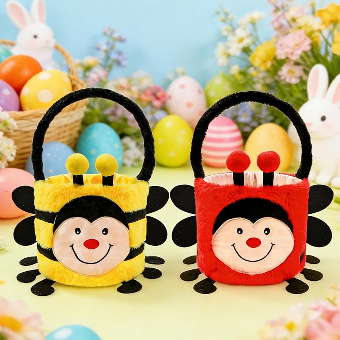 DearSun 2 Pcs Easter Basket Bee & Ladybird Plush Baskets, Easter Egg Hunting Basket for Kids Gifts Party Decoration Supplies, Dia 8" * H 15.7"(Ladybird & Bee)