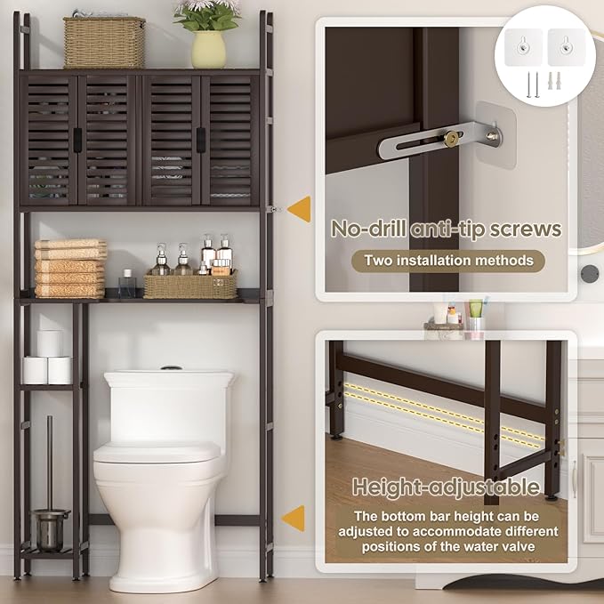 Over The Toilet Storage Cabinet with Paper Holder Stand,Bamboo Bathroom Organizer Shelf with Four Door and Waterproof Feet Pad,Space Saver Rack with Anti-Tip Design (Brown)