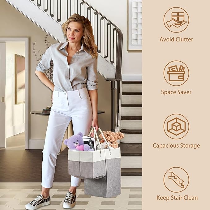 Stair Basket, 16 x 10 x 8 Inches Stair Basket for Stairs with Handle, Clothes Storage Bins, Foldable Staircase Storages Organizer, Versatile Sturdy Bag for Toys, Clothes, Books, Tools