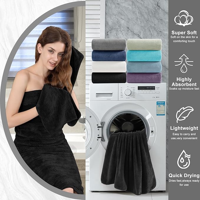 8 Piece Bath Towel Set Black|2 Oversized Large Bath Sheet,2 Hand Towels,4 Washcloths| Ultra Soft Cozy Bath Towel Set for Bathroom Hotel Gym Spa,Highly Absorbent & Quick Dry Bathroom Towel Collections