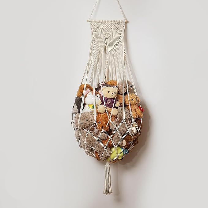 Stuffed Animal Net or Hammock Wall Hanging Net Over Door Organizer for Stuffies Plush Toy Storage Boho Macrame Toy Display Nursery Bedroom Decor Stuffy Animal Toy Organizer (Cream)