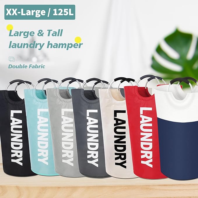Twira 125L Pro XX-Large Laundry Baskets, Laundry Hamper Stands Up Well, Laundry Bag with Padded Handles, Waterproof Laundry Basket Collapsible, Clothes Hamper for College, Bathroom (Light Grey)