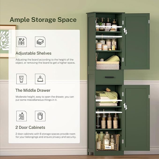 WEENFON Tall Bathroom Cabinet, Storage Cabinet with 6 Shelves & Drawer, Bathroom Storage Cabinet with Adjustable Shelves, Tall Cabinet for Living Room, Home Office, Forset Green