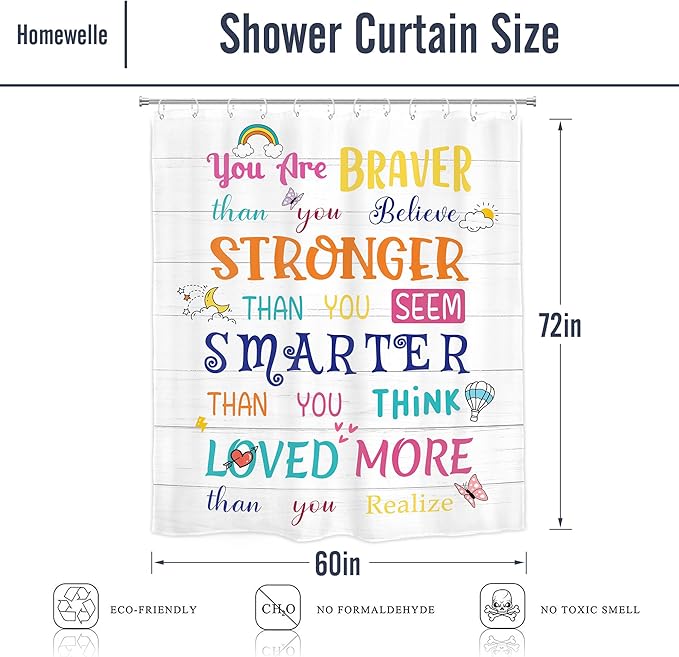 Homewelle Kids Quotes Shower Curtain Colorful Inspirational Motivational Positive Sayings 60Wx72H Inch Multicolor Encouragement for Children Toddler Waterproof Polyester Fabric Bathroom Bathtub