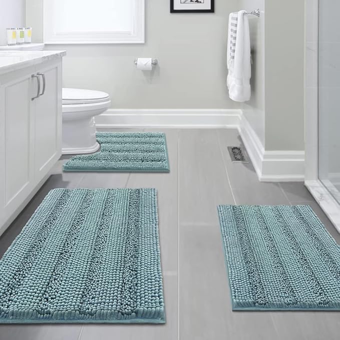 H.VERSAILTEX 3 Piece Bathroom Rugs Sets Thick Striped Bath Rugs Set for Bathroom Non Slip Soft Absorbent Bath Mat Set for Tub, Shower and Toilet(17''x24''+20''x32''+20''x24'' U-Shaped, Aqua Haze)