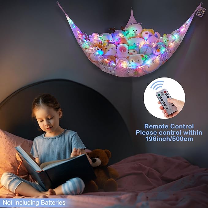 Basumee Stuffed Animals Net or Hammock with LED Light Hanging Toy Net Hammock for Stuffed Animals Storage Stuff Animals Hammocks for Nursery Room with Remote Control, 8 Kinds of Lights(Pack of 1)