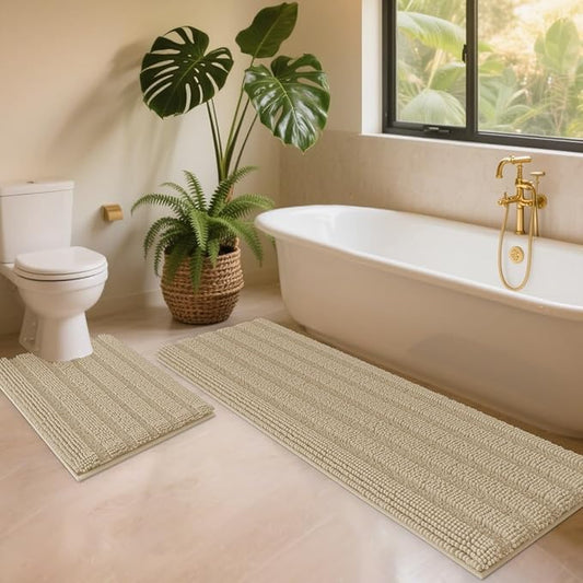 ACCUMTEK Striped Beige Toilet Bathroom Rug Mat Set 2 Piece Rug Ultra Soft, Non Slip Chenille Bath Rugs, Absorbent Plush Shaggy Bath Mats for Bathroom, Bedroom, Kitchen, Shower, Tub