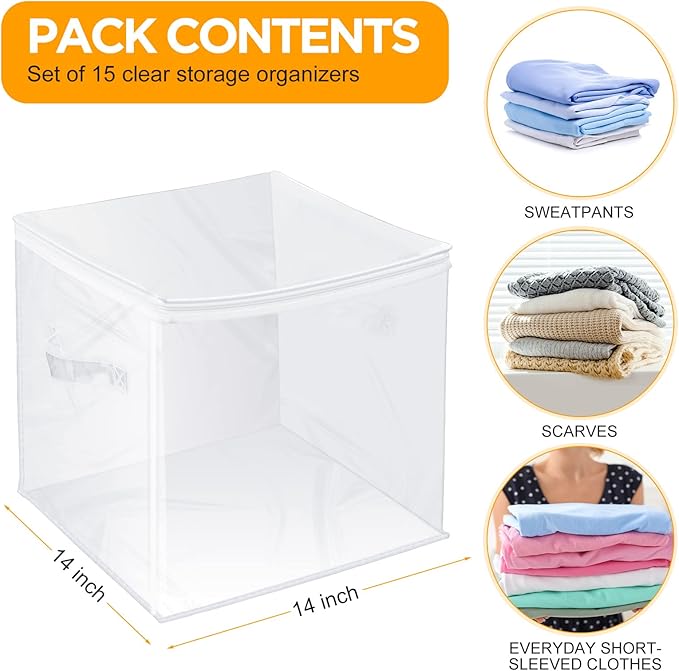 Newwiee 15 Pcs Clear Cube Storage Bins 14 x 14 x 14 Inch Plastic Zippered Cube Organizer Foldable Sweater Storage Closet Organizer Collapsible Plastic Bags Bins Containers with Zipper and Handle