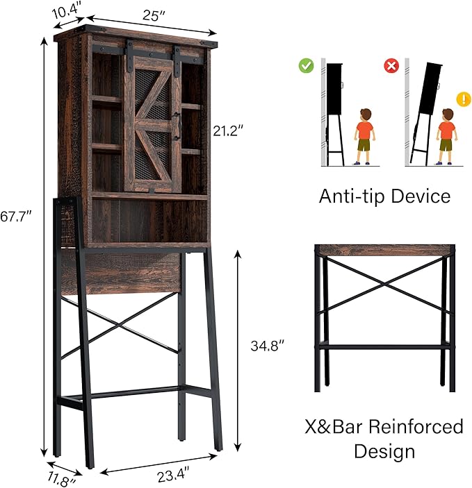Over The Toilet Storage Cabinet with Sliding Barn Door, Over Toilet Bathroom Organizer with Adjustable Shelves and Metal Frame, Farmhouse Space Saver The Toilet Rack (Brown)