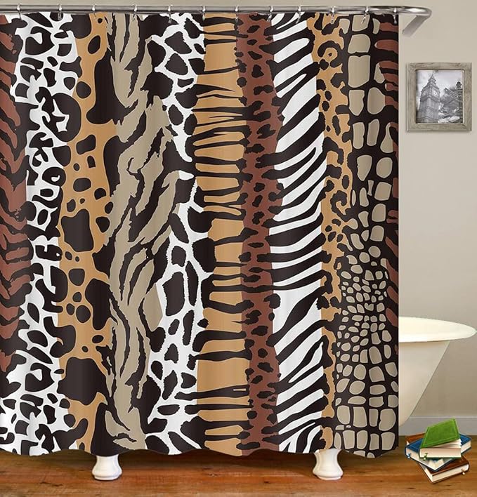4PCS Leopard Print Shower Curtain Set, African Safari Stripes Tiger Zebra Crocodile Cow Cheetah Print Bathroom Decor, Waterproof Fabric Shower Curtain Non-slip Bath Mat Toilet Rug, Animal Skin
