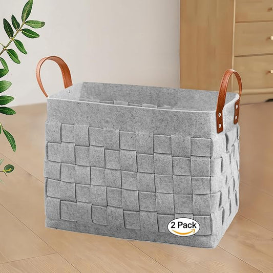 boldmonkey Blankets Basket 15 " x13 x11 2 Pack, Large Storage Baskets for Organizing Rectangular, Living Room Dog Toy Bin for Dirty Clothes, Pillows, Towel-Light Gray
