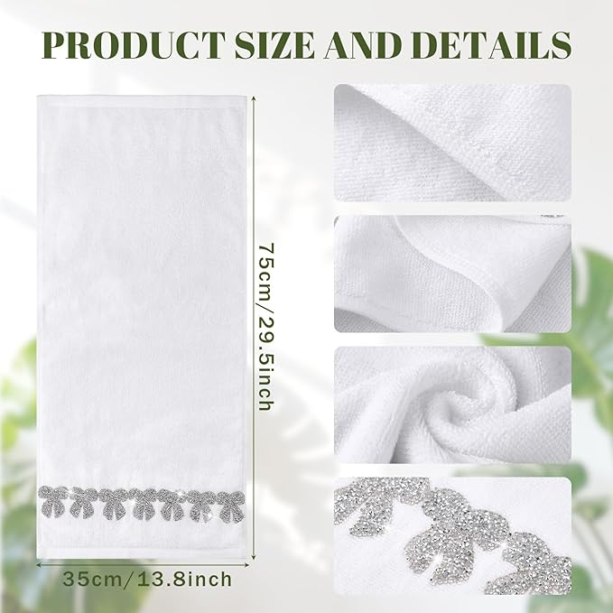 2 Pcs White Sparkling Hand Towels with Rhinestone Bow for Bathroom 100% Cotton Glitter Soft Elegant Hand Bath Towels Absorbent Machine Washable for Spa Yoga Hotel Sport, 29.5" x 13.8"