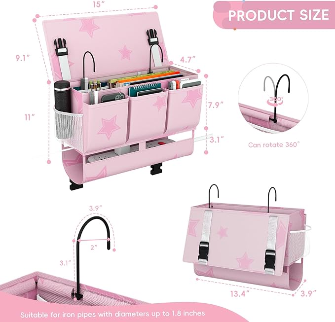 Bedside Caddy Bedside Organizer, Bed Storage Caddy with 7 Pockets, College Dorm Rooms Bag for Bunk, Home, Dorm, Hospital, Crib Bed(Pink)