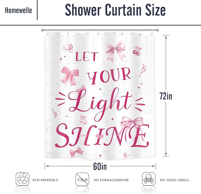 Homewelle Pink Shower Curtain Inspirational Ouotes Girls Bow Funny Cherry Classical English Letter Let You Light Shine 60Wx72H Inch Aesthetic Modern Waterproof Polyester Fabric Bathroom Bathtub