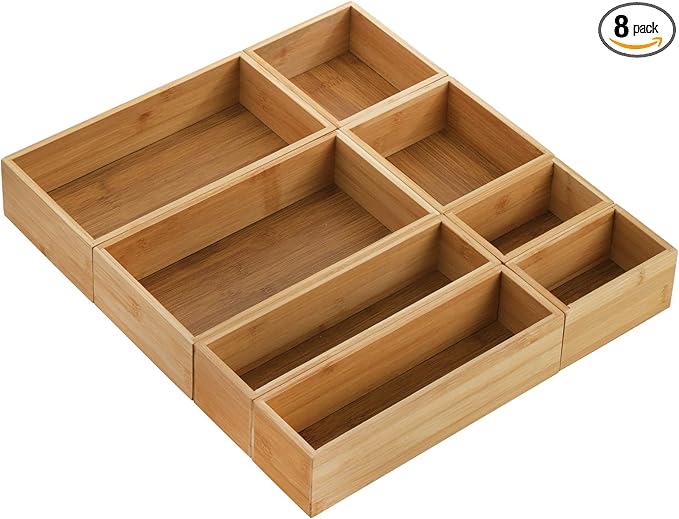 Lawei 8 Pieces Bamboo Drawer Organizer Boxes, Stackable Drawer Organizer Storage Tray 4-Size, Versatile Dividers Cutlery Holders Bins Containers for Kitchen, Bathroom, Office Desk, Makeup, Jewelry