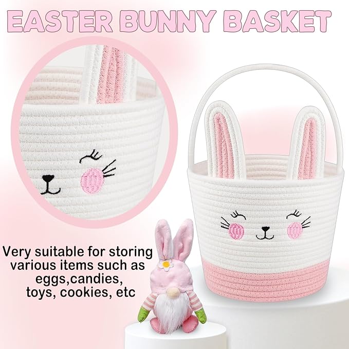 Easter Bunny Basket with Handle, Large Capacity Easter Egg Fillable Basket with Name Tag, Rabbit Ear Rustic Bunny Baskets Party Decoration Supplies