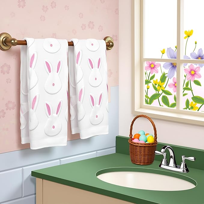 2pcs Easter Bunny Hand Towels Set 100% Cotton Soft Absorbent Spring Bathroom Hand Towels 14x29 Inch Cute Jacquard Easter Kitchen Decor Towels Holiday Kitchen Bathroom Decor Gift(White)
