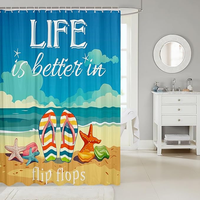 Hawaii Beach Bath Curtain 72" Wx78 L,Kawaii Shower Curtain Summer Holiday Starfish On Ocean Beach Sand Shower Curtain Set for Kids Girls,Tropical Bathroom Accessories Life is Better in Flip-Flops
