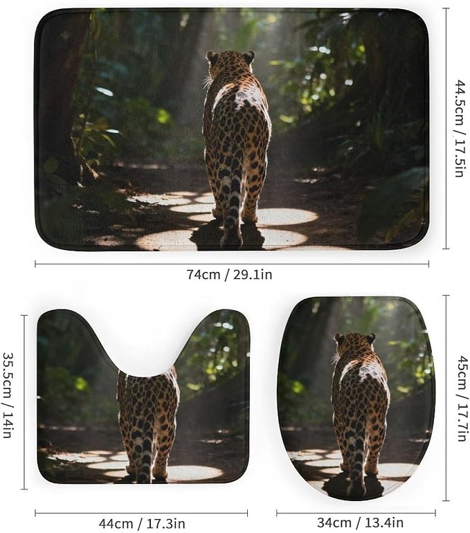 4 Piece Bathroom Rug Set with Shower Curtain, Non-Slip Bath Mat Toilet Cover Set, Cheetah Bathroom Rug Sets