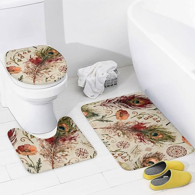 4 Piece Bathroom Rug Set with Shower Curtain, Non-Slip Bath Mat Toilet Cover Set, Peacock Feathers Bathroom Rug Sets