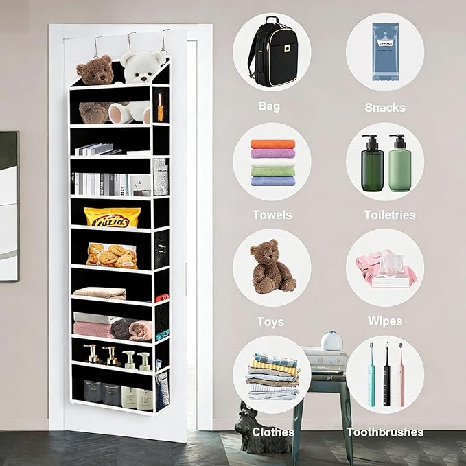 Over The Door Organizer Closet,5 Bins 10 Side Pockets,Hanging Organizer,Anti Tilt 44 lbs Load Door Organizers and Storage with Clear Window for Bedroom,Nursery,Rv,Bathroom,Camper(Pure Black)