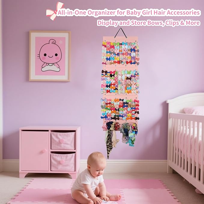 PACMAXI Baby Girl Hair Bows Holder, Hair Clips Storage Hanger For Ribbons, Hair Bows Organizer, Baby Hair Clip Storage Display Sturdy Stand, Wall Hanging for Girl Room (Pink 2, Large)
