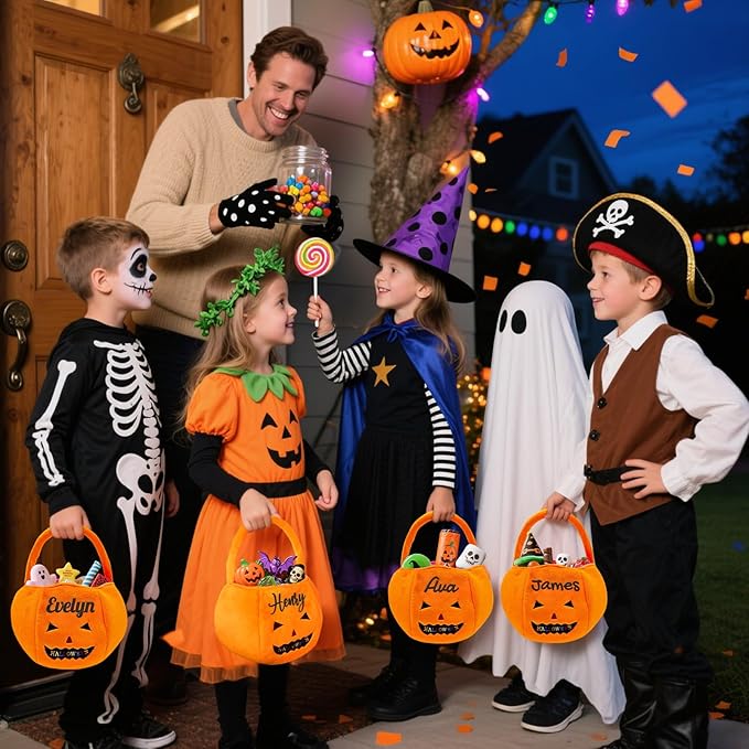 Personalized Halloween Baskets for Kids Trick or Treat Bucket| Custom Name Embroidered for Trick or Treat Bags- Halloween Pumpkin Candy Treat Bucket