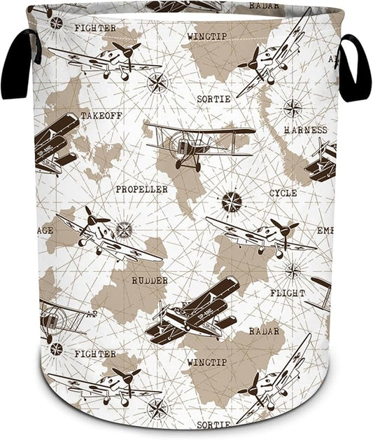 Airplane Laundry Basket, Vintage transportation Laundry Hamper World Map Tote Bag Dirty Clothes Storage Bucket Toy Organizer for Bathroom/Laundry/Bedroom 15.7"x19.6"