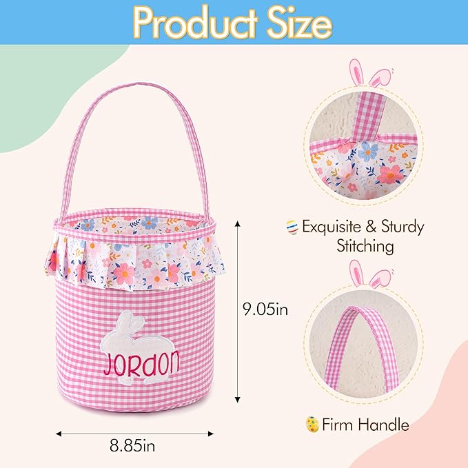 MT WORLD Toddler Easter Bunny Basket Personalized Easter Egg Bucket for Kids with Name Rabbit Ruffle Bucket Tote for Baby Boys Girls Easter Egg Hunts Decorations Candy Gifts Storage (Pink Plaid)