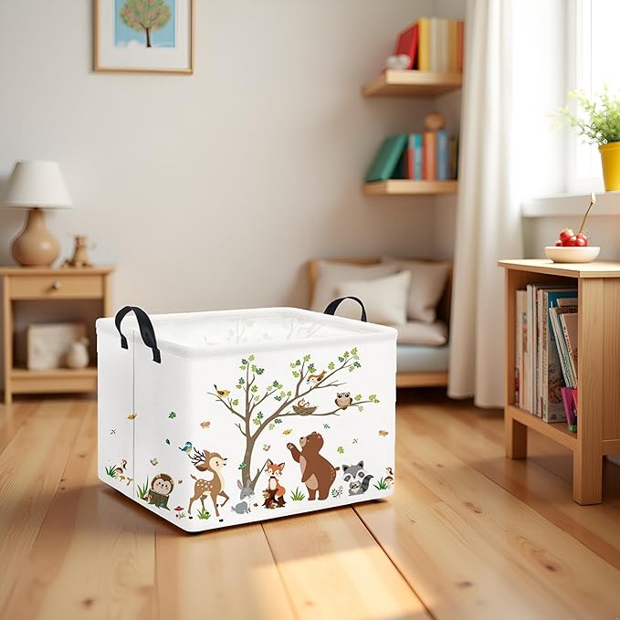 Rectangular Kids Storage Basket Baby Storage Basket with Handles for Home Kitchen Boys and Girls Cute Toy Storage Bin Organizer Shelf Book Room Decor(Tree Animal)