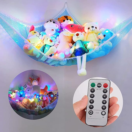 Basumee Stuffed Animals Net or Hammock with LED Light Hanging Toy Net Hammock for Stuffed Animals Storage Stuff Animals Hammocks for Nursery Room with Remote Control, 8 Kinds of Lights(Pack of 1)