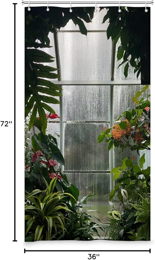 Greenhouse Flower Room Shower Curtains Spring Glass Flowers Green Plants Interior Garden Scenic Machine Washable Fabric Bathroom Curtains Set with Hooks, 36x72 Inch, 72.00" x 36.00"