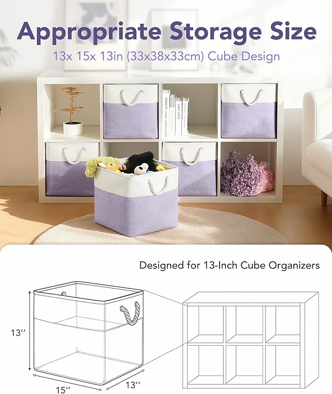 13x15x13 Storage Cube Bins, Heavy Duty Foldable Fabric Storage Bins with Handles and Metal Frame, 6 Pack Large Closet Organizer Bins for Clothes, Socks, Towels, White Purple