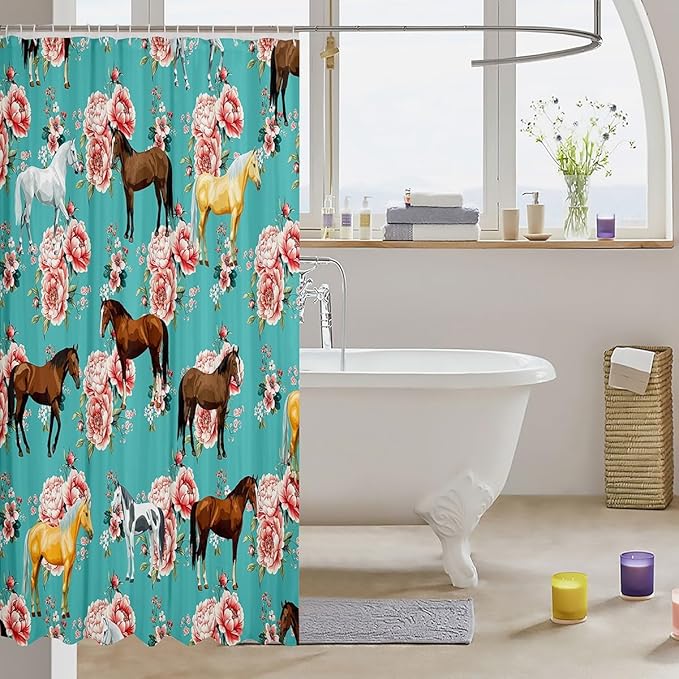 Horse Shower Curtain, Retro Floral Horse Bath Curtain For Girls Kids Boys, Galloping Horse Farm Animal Horse Gifts Curtain For Women Men, Cowboy Cowgirls Shower Curtain, Green Teal 72" W x 84" L