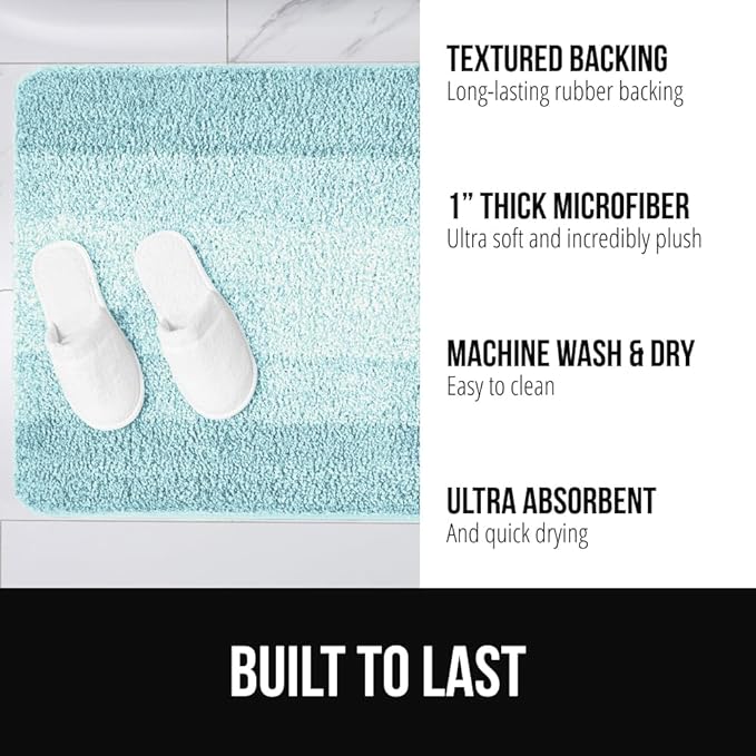 GORILLA GRIP Soft Plush Bathroom Rugs with Textured Rubber Backing, 40 x 24 Absorbent Quick Dry Bath Mat, Machine Washable Shower Mats, Home Décor Accessories, Bathmat Rug Floor Essentials, Light Blue