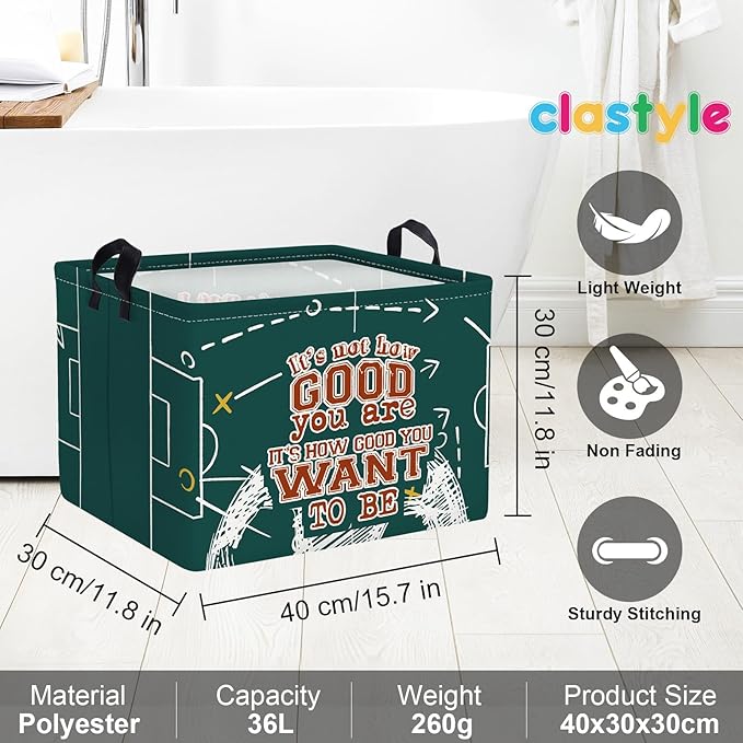 Clastyle Vintage Sport Ball Kid Storage Basket Baby Laundry Hamper Boy Gift Toy Box Collapsible Clothes Organizer Nursery Bin for Bedroom, Green Football, 40*30*30 cm