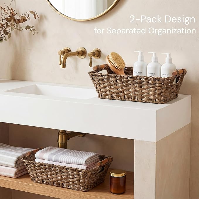 2 Pack Brown Wicker Storage Basket, Metal Frame Hand Woven Organizer Bin with Handle, 14.6" L x 10.7" W x 5" H Waterproof Rattan Laundry Organizer Totes for Pantry, Living Room, Bathroom
