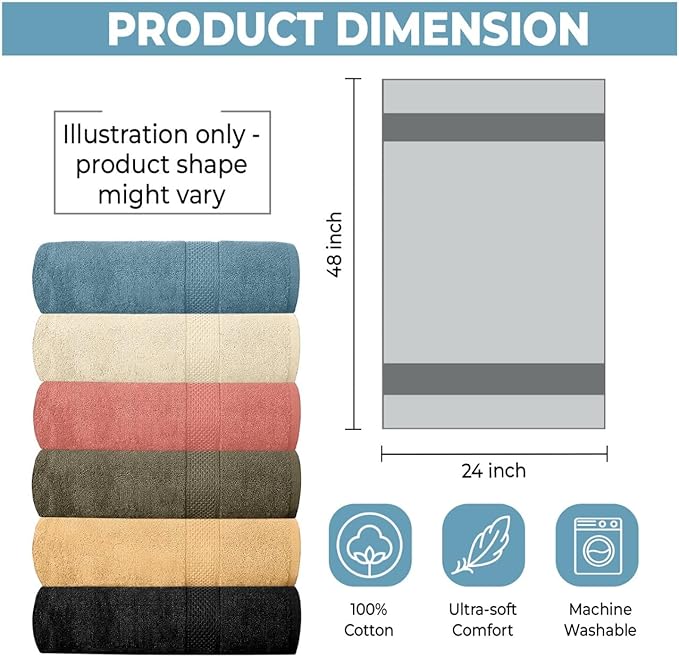 Hotel & Spa 100% Cotton Bath Towels Pack of 6, Ultra Soft, Quick Dry, Lightweight, Highly Absorbent, Perfect for Shower, Spa, Gym, Pool, Hotel, Resort & Daily Use (Multi-Color - 24" x 48")