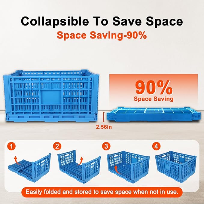 Collapsible Milk Crate, 1 pck 72L(19GAL) Stackable Storage Bins, Heavy Duty Storage Crates, Plastic Crates for Grocery, Warehouse Organization - Extra Large, Holds 130 lbs Per Bin