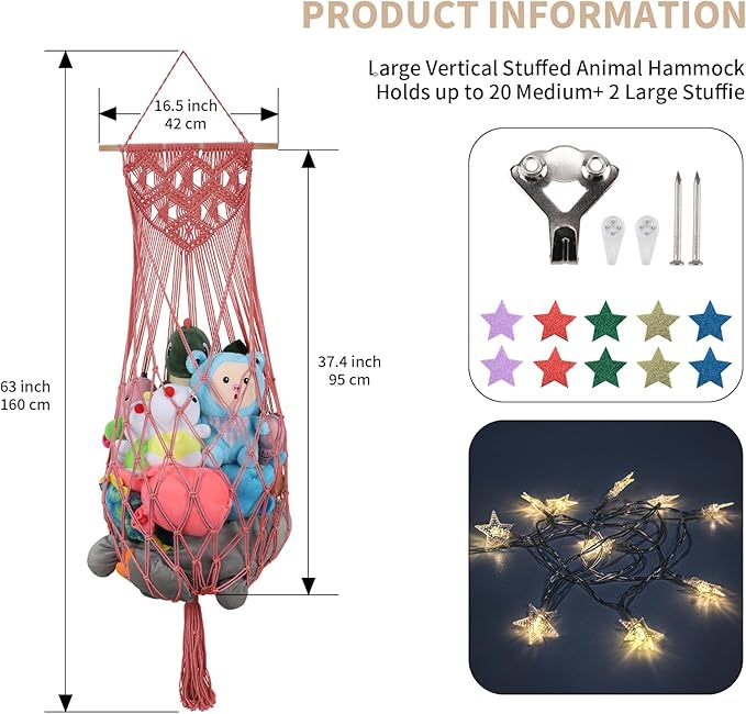 Stuffed Animal Hammock w/LED Star Light, 63 Inch Jumbo Toy Hammock Wall Hanging Plushie Net Holder for Boho Nursery Decor, Watermelon Red Stuffed Animal Storage Organizer for Kid Girls Boys Gift