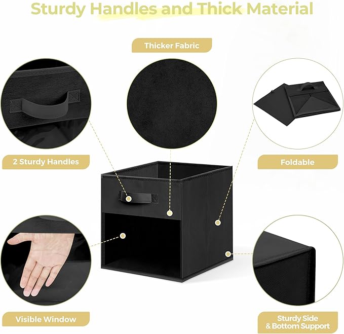 Storage Bins with Clear Window, 13x13 Storage Cubes, Collapsible Cube Storage Box, Fabric Closet Organizers with Handles for Home, Office, Shelf, Closets, Living Room, Black, 12 Pack