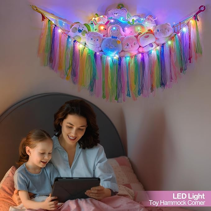 FIOBEE Stuffed Animals Net or Hammock with LED Light, Toy Hammock Hanging Stuffed Animals Storage Organizer Holder Room Décor for Nursery Kids Bedroom