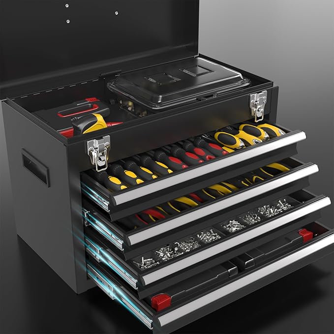 5-Drawer Rolling Tool Chest, Tool Box with Wheels, Tool Cart with 2 in 1 Detachable Top Box, Lockable Wheels, Drawers, Liner, Metal Mechanic Tool Storage Cabinet for Garage, Workshop, Black