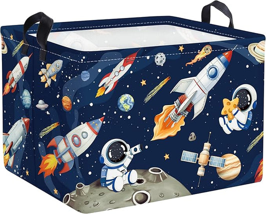 Space Rockets Laundry Hamper Cartoon Astronaut Large Storage Basket Planet Collapsible Parents Organizer Boys Clothes Toy Bins for Bedroom, Bathroom, Blue, 36L