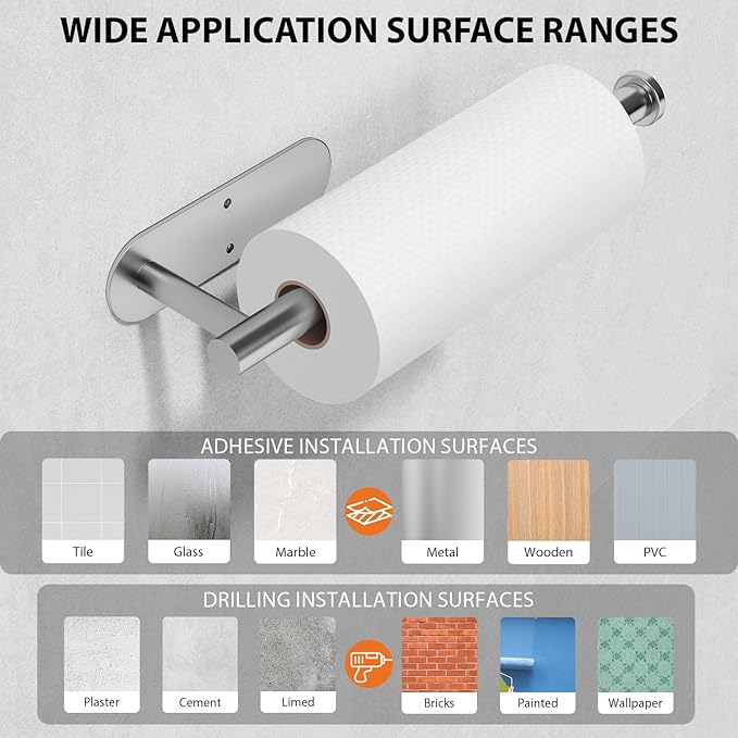 Auxmir No Drilling Self Adhesive Toilet Paper Holder, Premium Rustproof SUS304 Stainless Steel Roll Holder Wall Mount Tissue Holder for Bathroom Kitchen Washroom, Paper Towel Holder-Silver