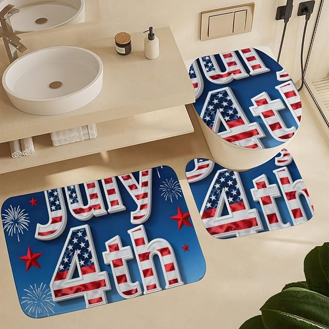 4 Piece Bathroom Rug Set with Shower Curtain, Non-Slip Bath Mat Toilet Cover Set, Independence Day Bathroom Rug Sets