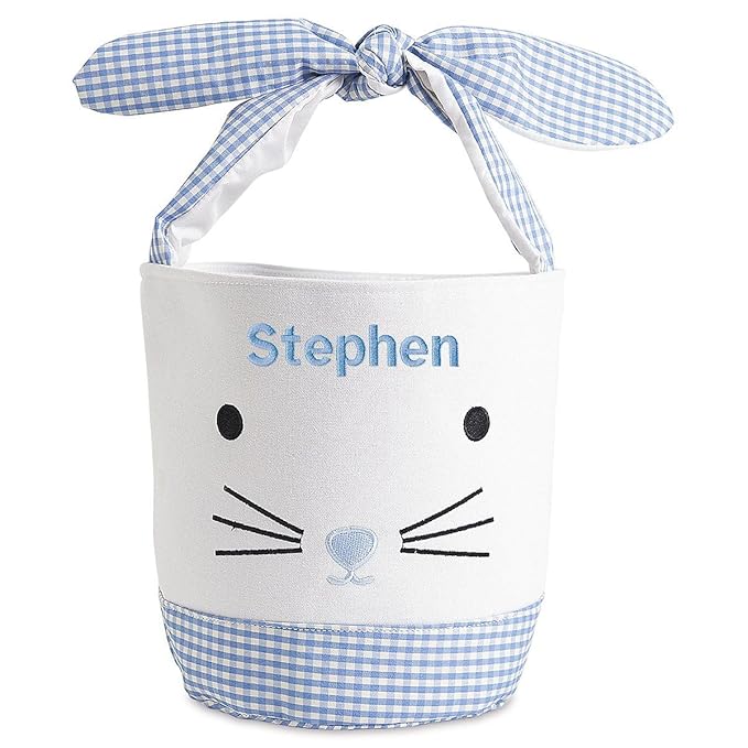Lillian Vernon Personalized Kids Blue Gingham Easter Bag - 10" Diameter x 10.5"Tall, 100% Polyester Easter Basket, Add Initials or a Name, Easter Treat Bag